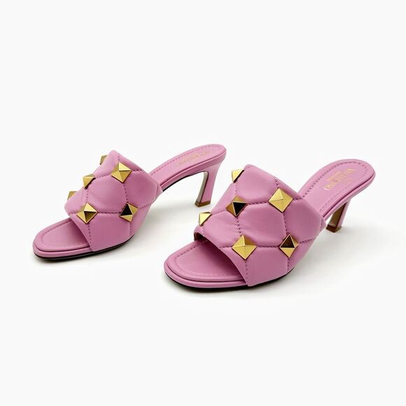 VALENTINO Roman Rockstud Pink Gold Heel Mule Size 37.5 Open Toe Quilted Leather - Picture 1 of 12